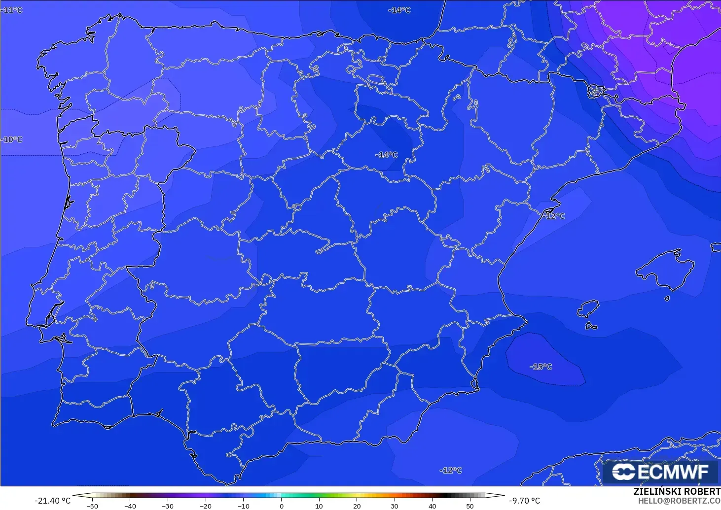 ECMWF IFS 0.25° model - Spain, Temperature at 500hPa