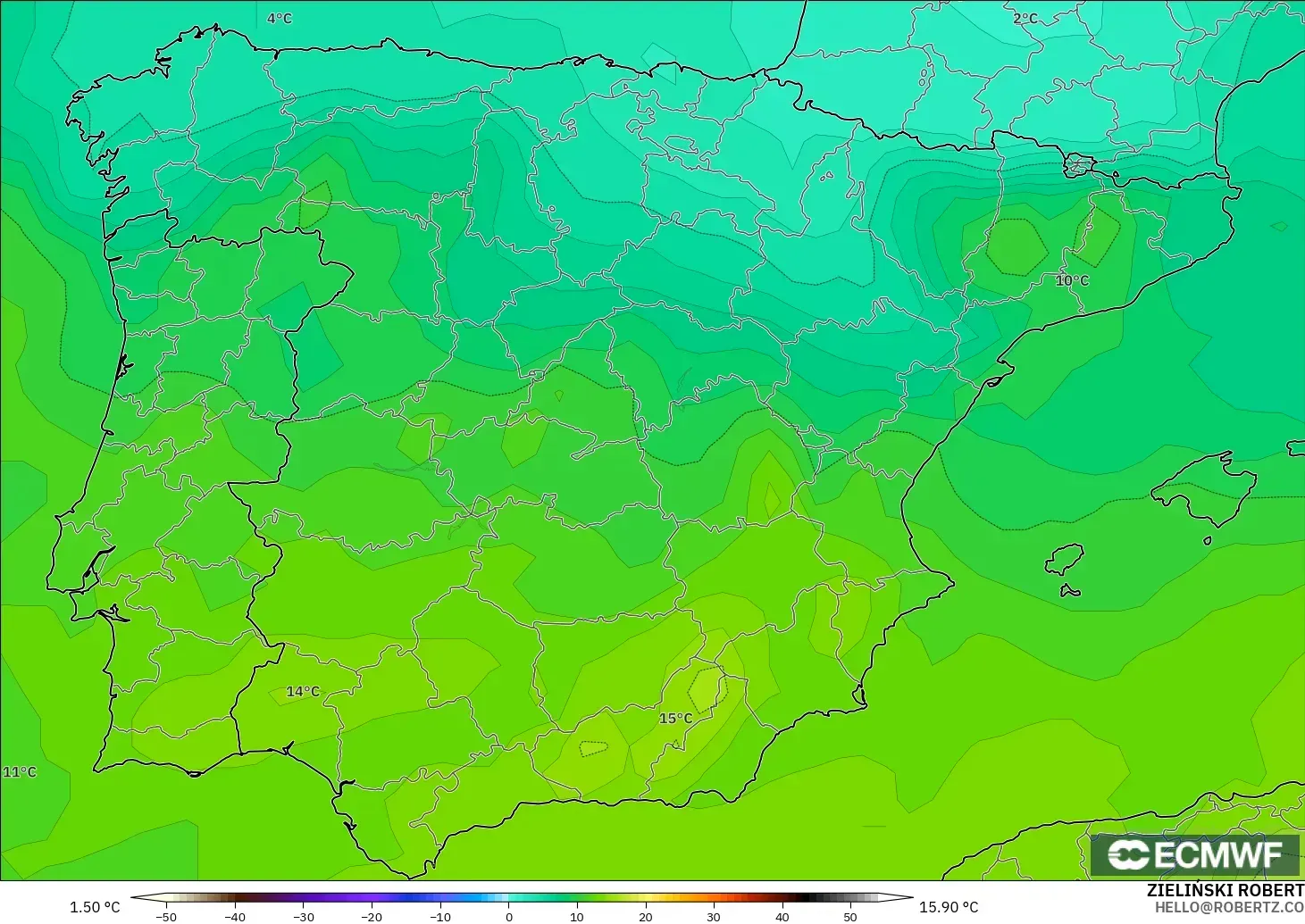 ECMWF IFS 0.25° model - Spain, Temperature at 850hPa