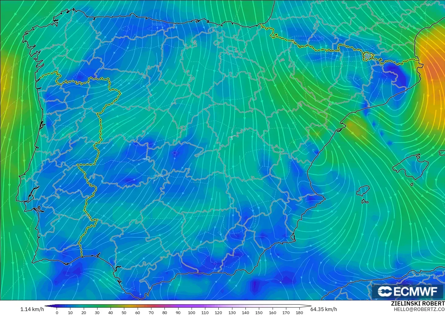 ECMWF IFS 0.25° model - Spain, Wind at 10m