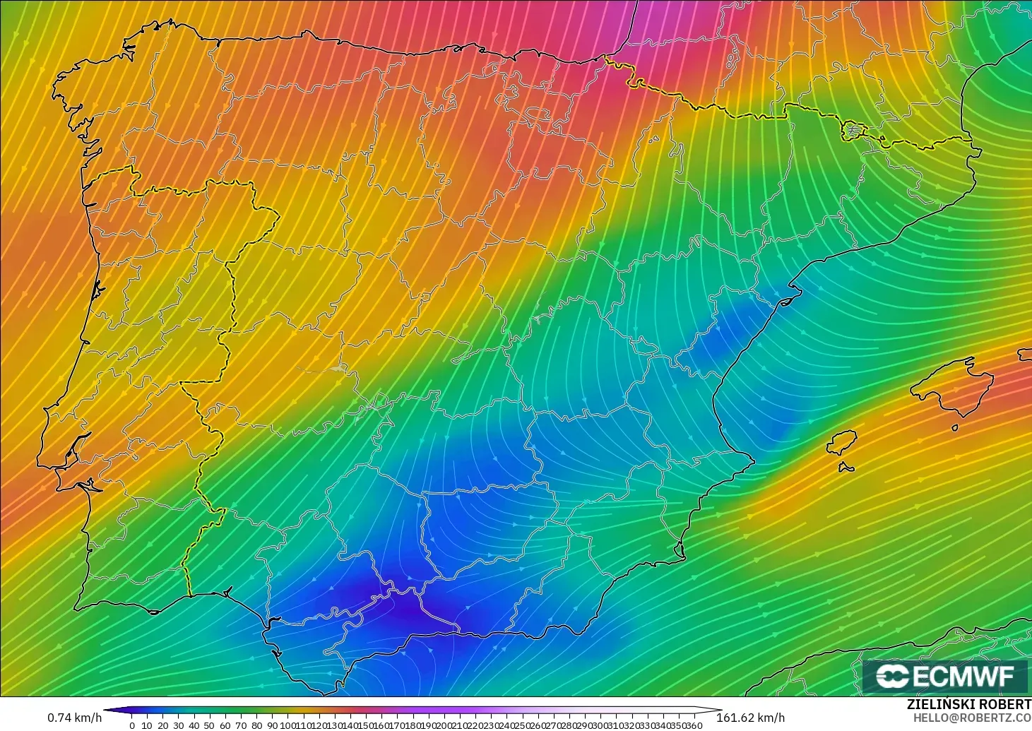 ECMWF IFS 0.25° model - Spain, Wind at 300hPa (jet stream)