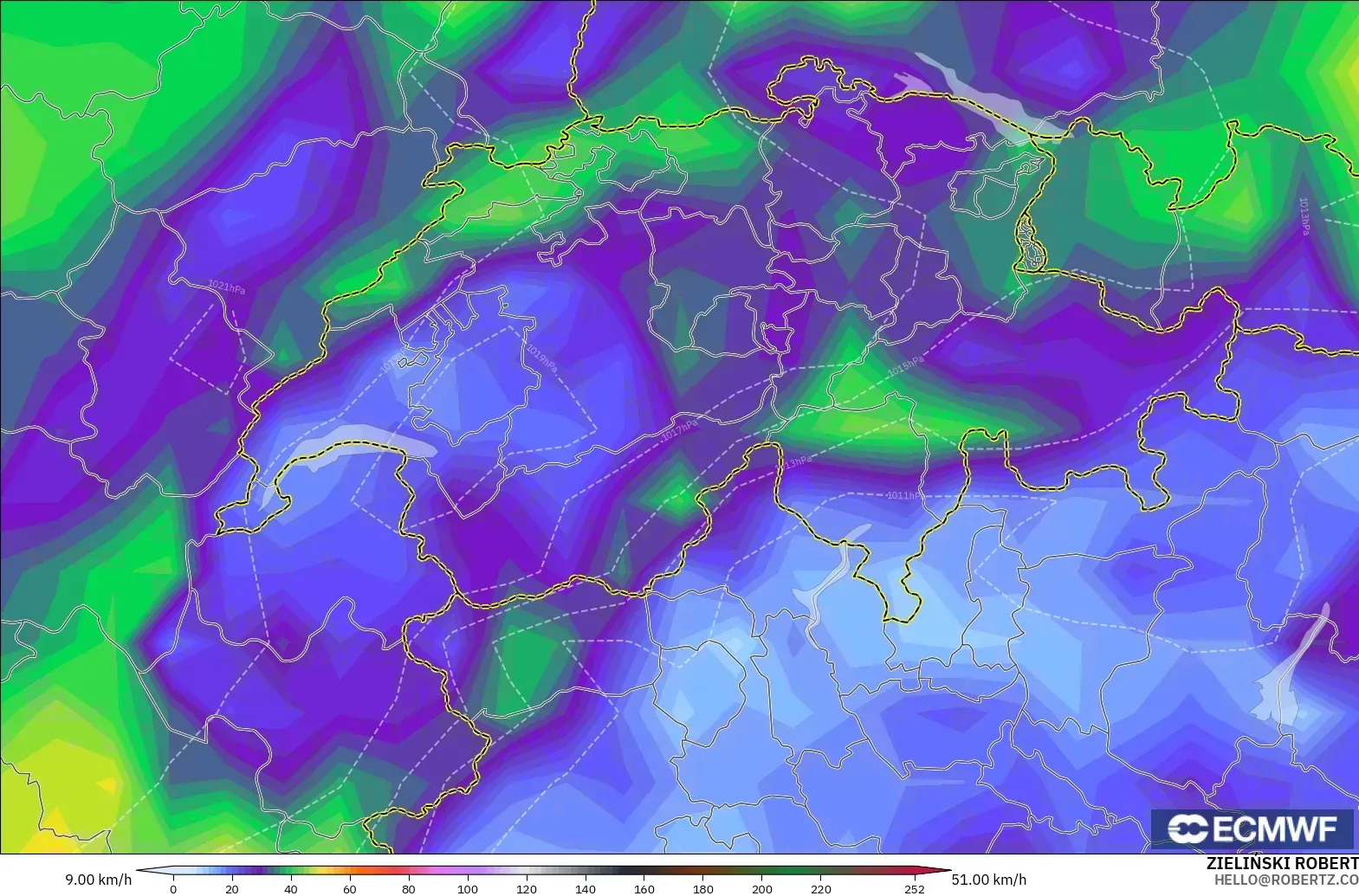 ECMWF IFS 0.25° model - Switzerland, Wind Gusts Peak