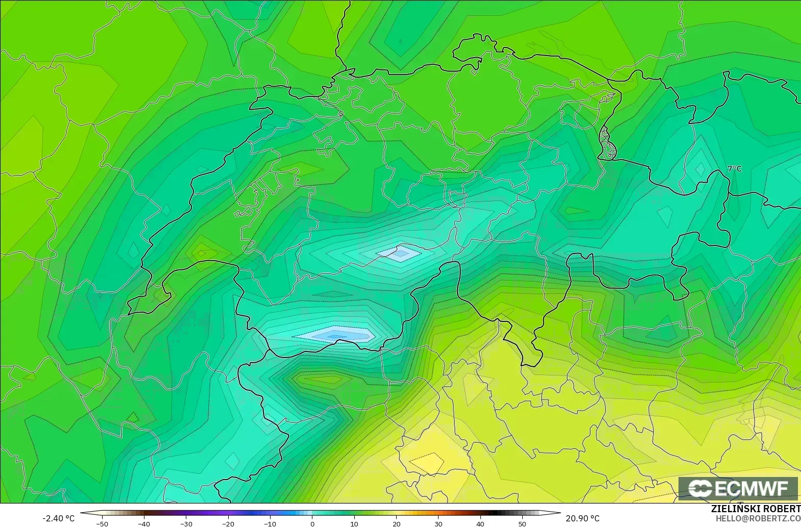 ECMWF IFS 0.25° model - Switzerland, Temperature at 2m