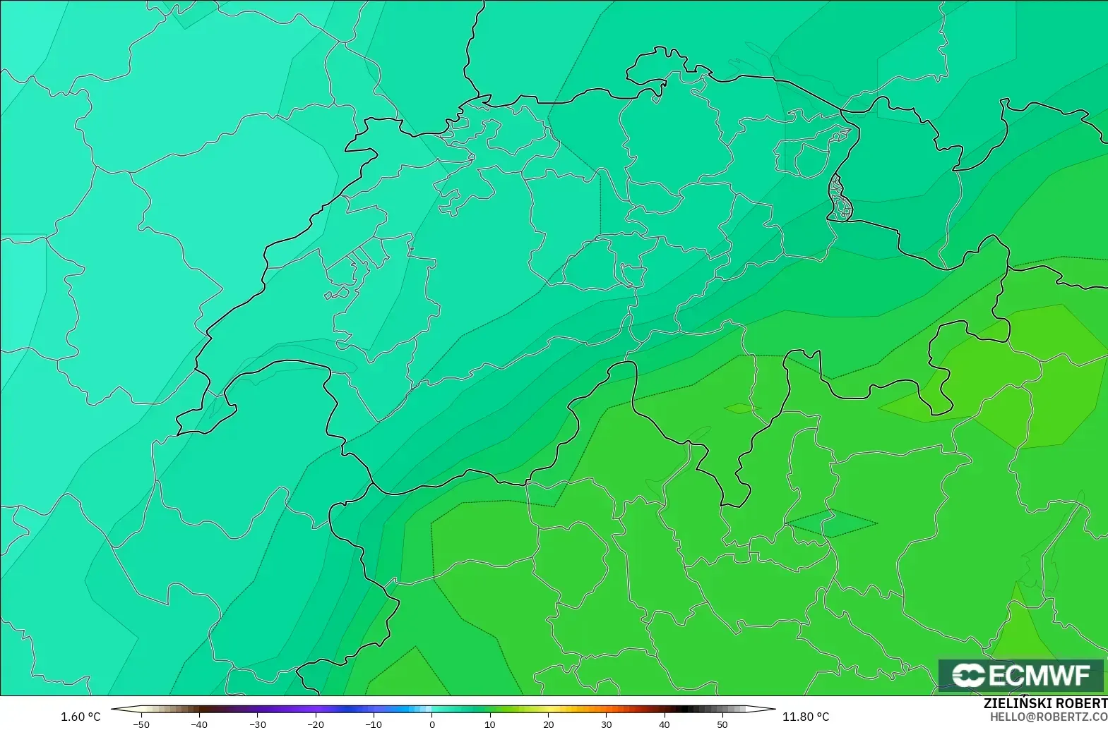 ECMWF IFS 0.25° model - Switzerland, Temperature at 850hPa