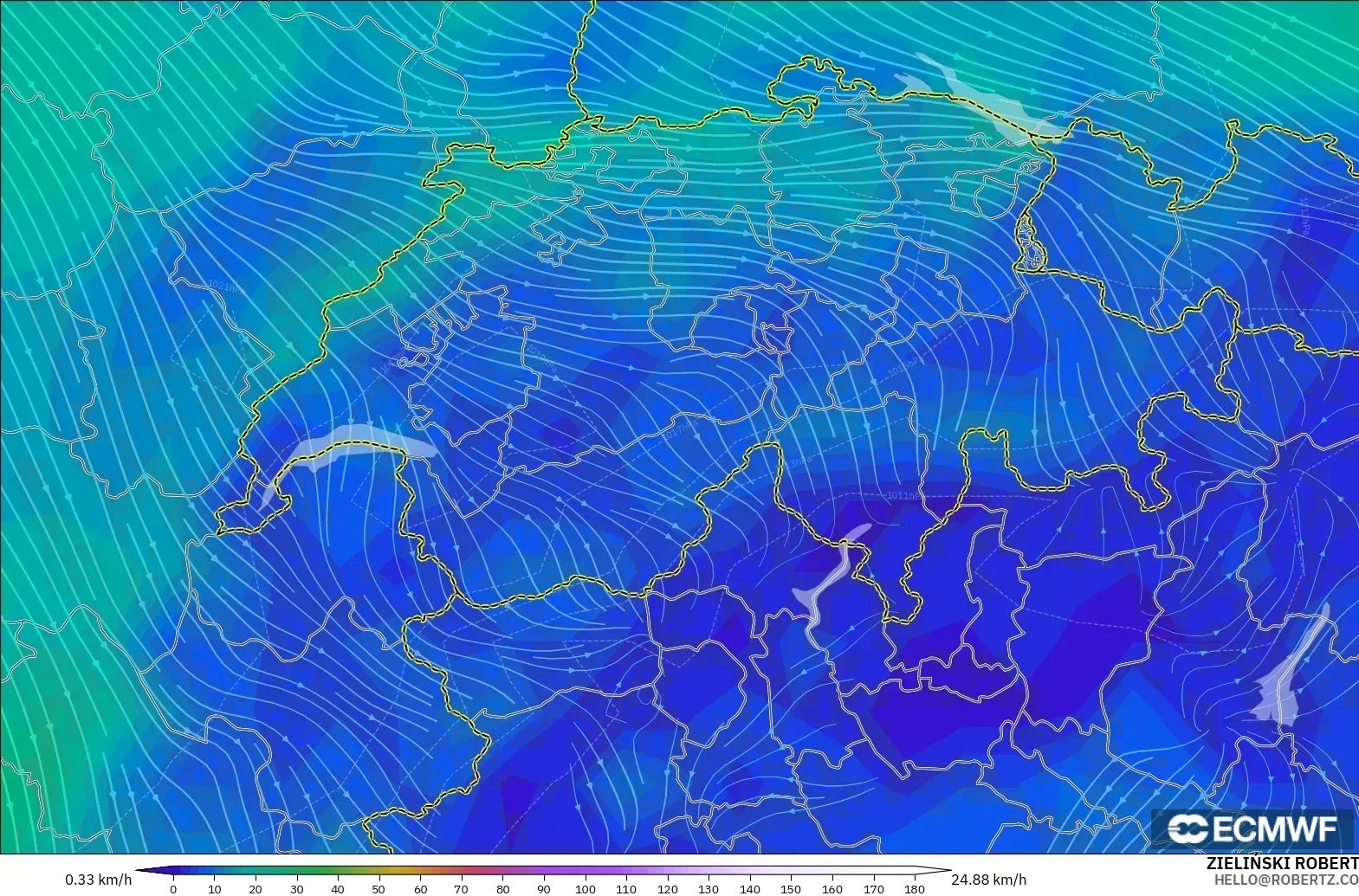 ECMWF IFS 0.25° model - Switzerland, Wind at 10m