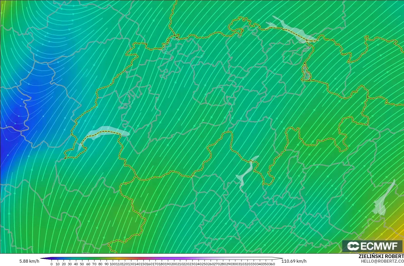 ECMWF IFS 0.25° model - Switzerland, Wind at 300hPa (jet stream)