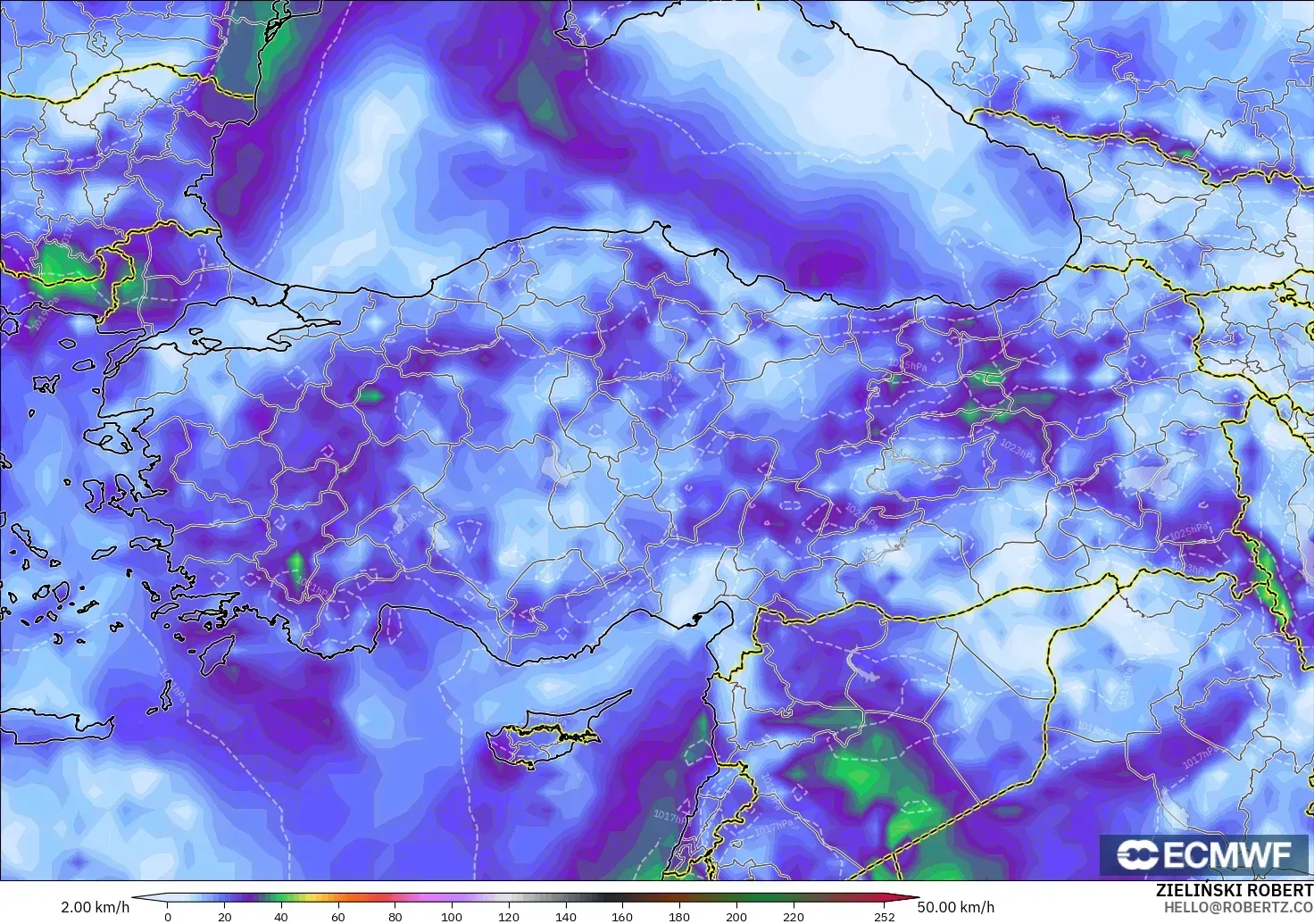 ECMWF IFS 0.25° model - Turkey, Wind Gusts Peak