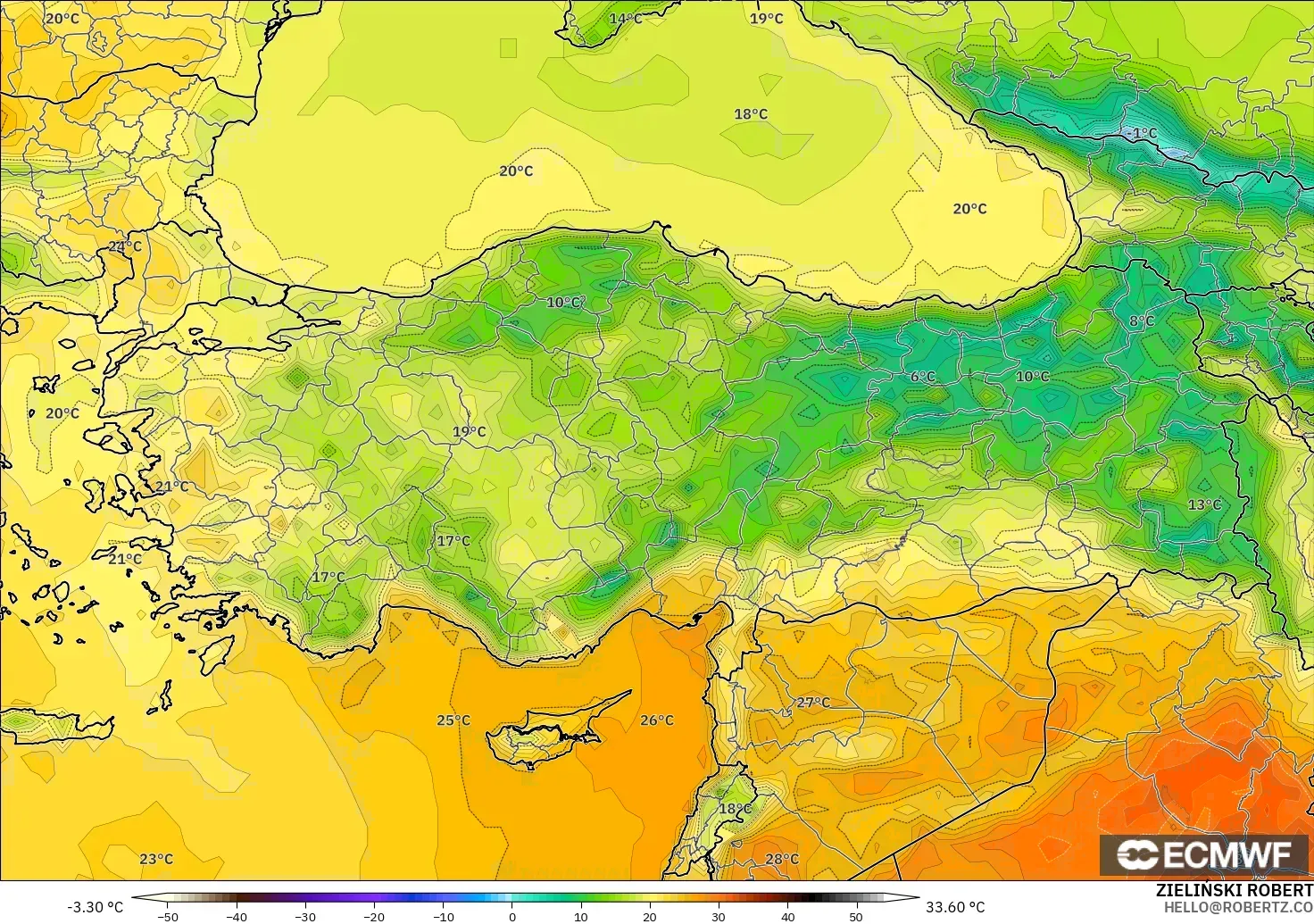 ECMWF IFS 0.25° model - Turkey, Temperature at 2m