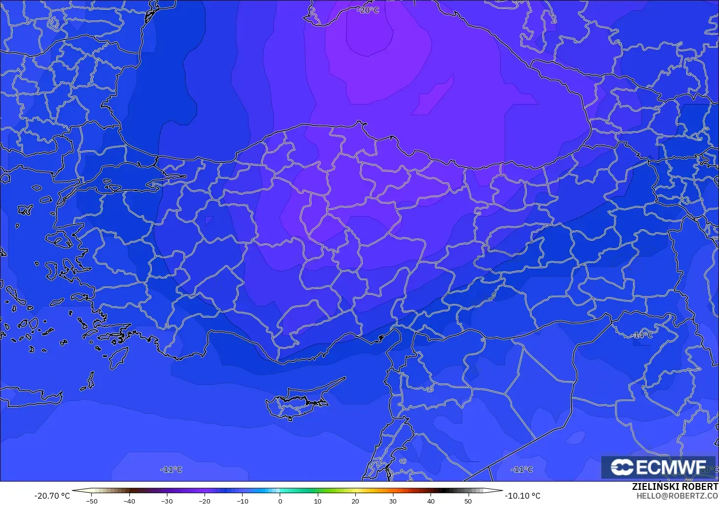 ECMWF IFS 0.25° model - Turkey, Temperature at 500hPa