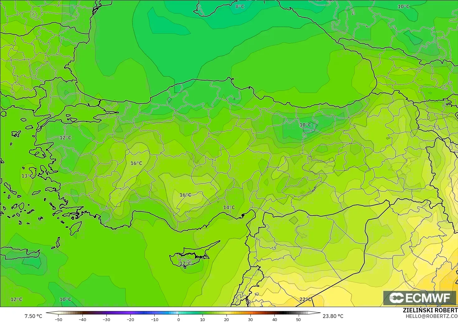 ECMWF IFS 0.25° model - Turkey, Temperature at 850hPa
