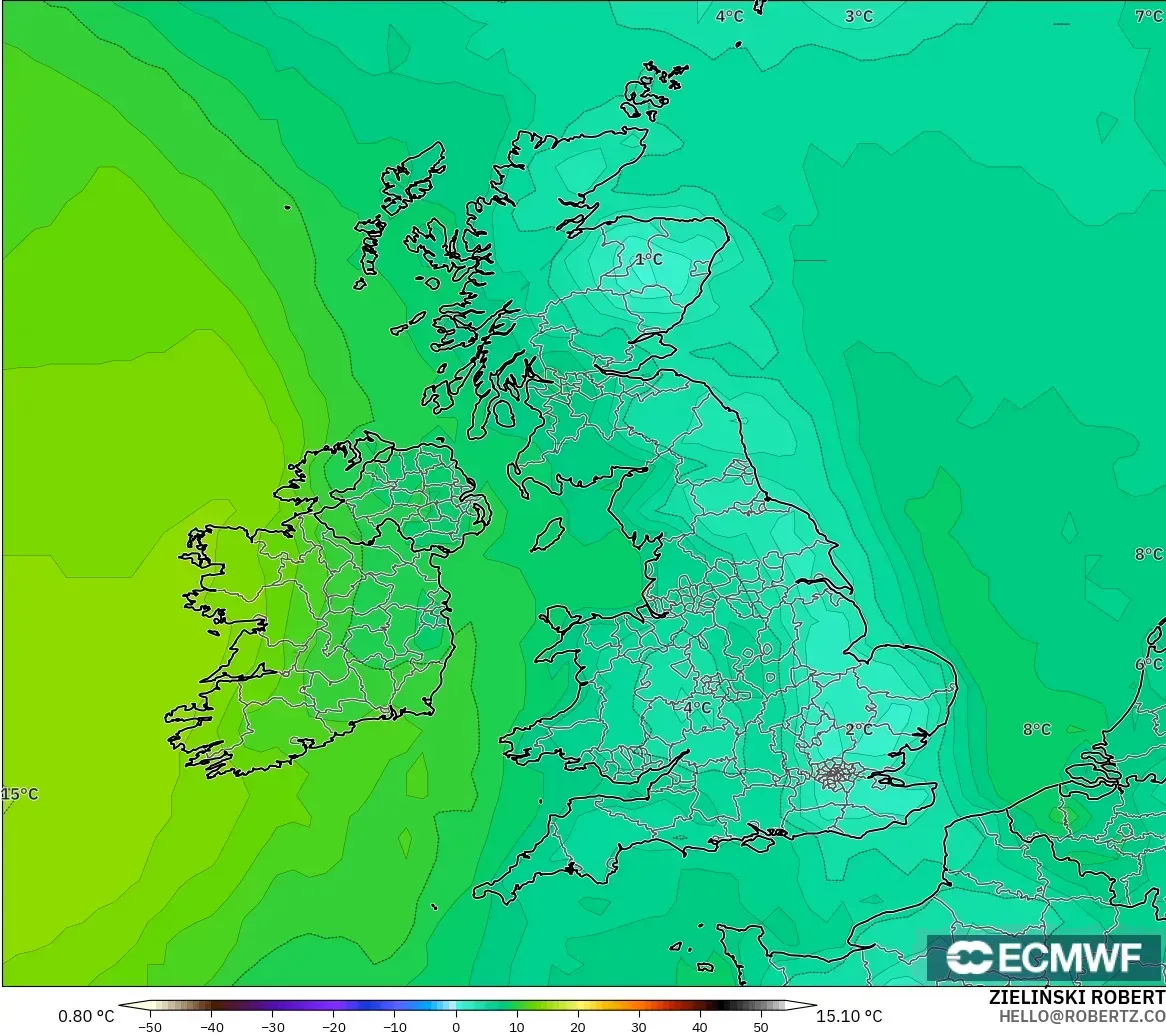 ECMWF IFS 0.25° model - United Kingdom, Dewpoint at 2m
