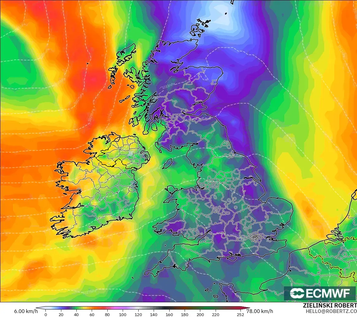 ECMWF IFS 0.25° model - United Kingdom, Wind Gusts