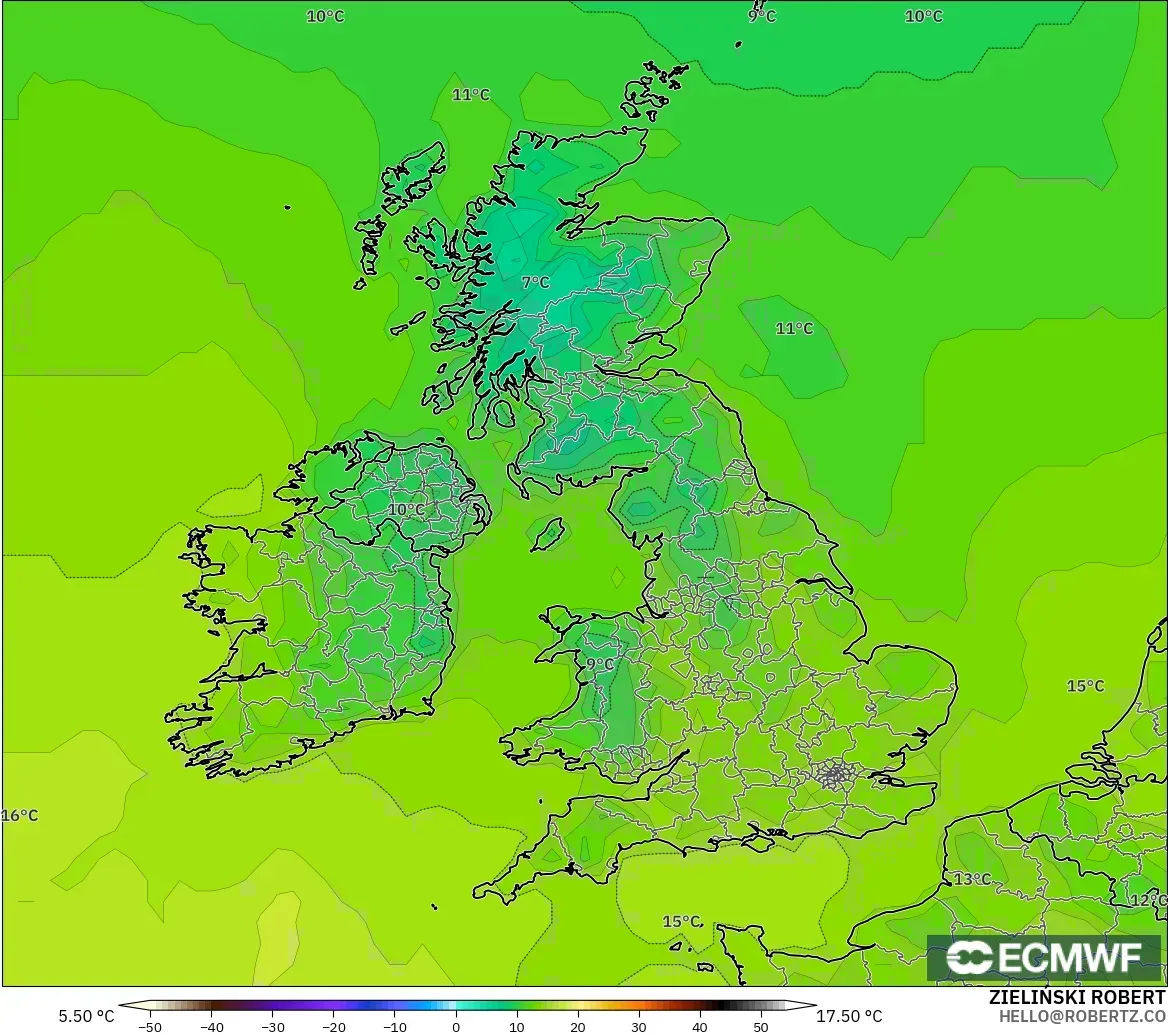 ECMWF IFS 0.25° model - United Kingdom, Temperature at 2m