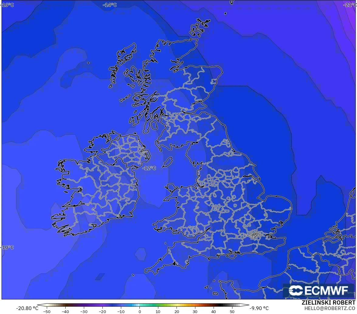 ECMWF IFS 0.25° model - United Kingdom, Temperature at 500hPa