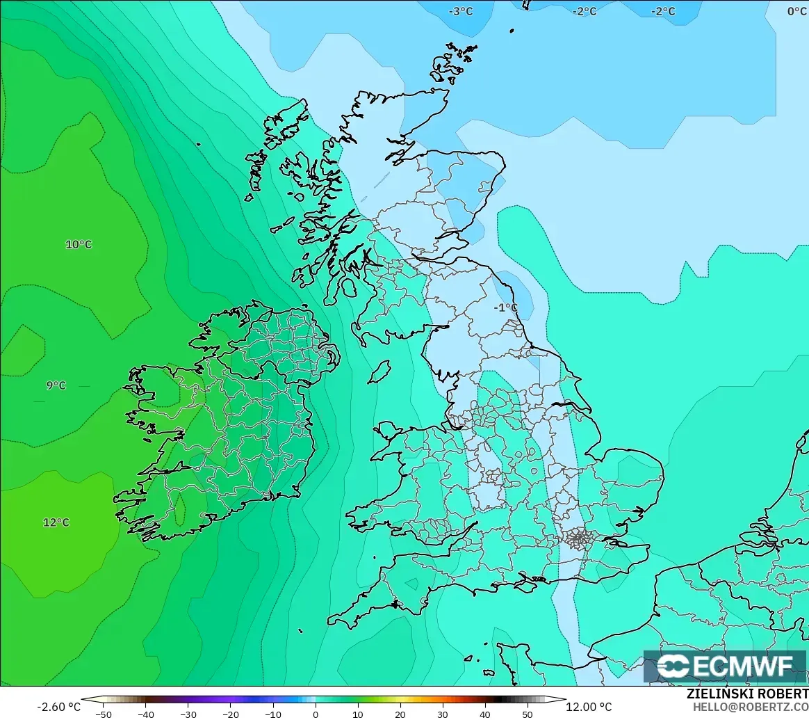 ECMWF IFS 0.25° model - United Kingdom, Temperature at 850hPa