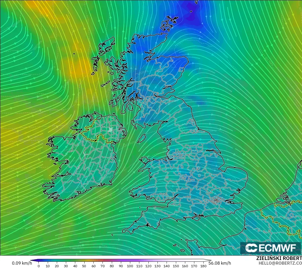 ECMWF IFS 0.25° model - United Kingdom, Wind at 10m