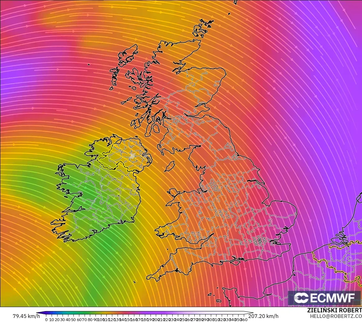 ECMWF IFS 0.25° model - United Kingdom, Wind at 300hPa (jet stream)