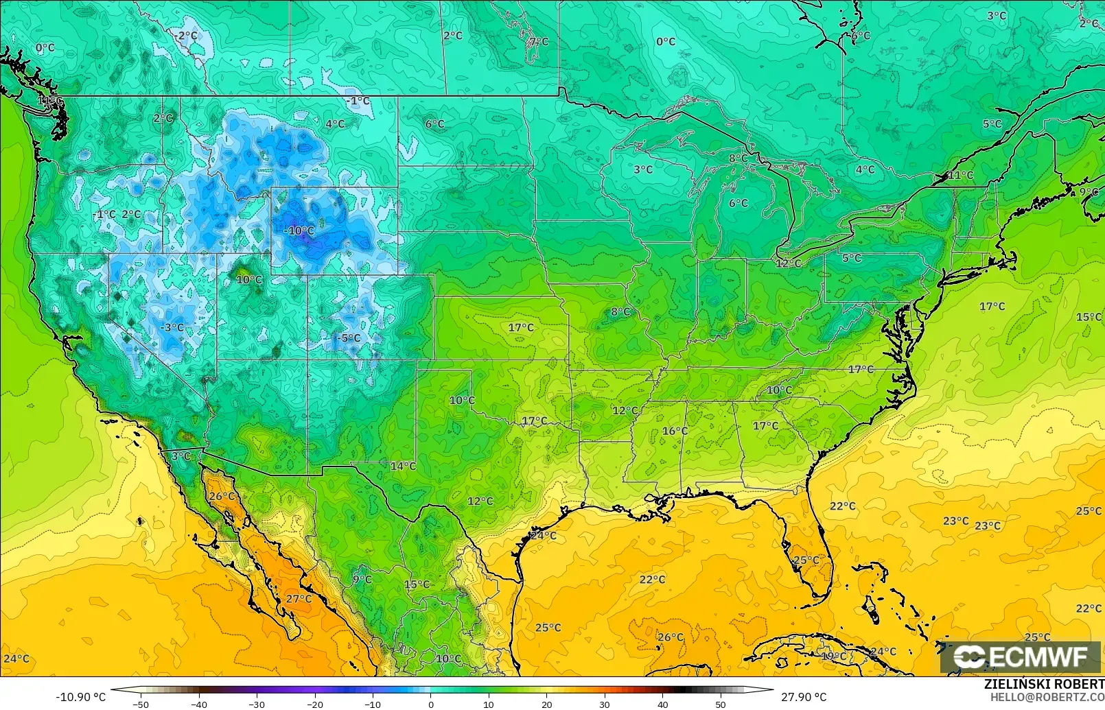 ECMWF IFS 0.25° model - United States, Dewpoint at 2m