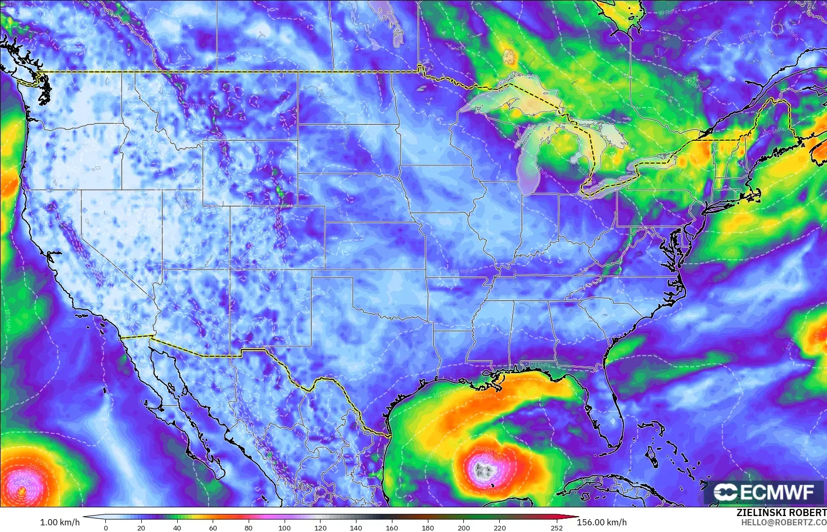 ECMWF IFS 0.25° model - United States, Wind Gusts