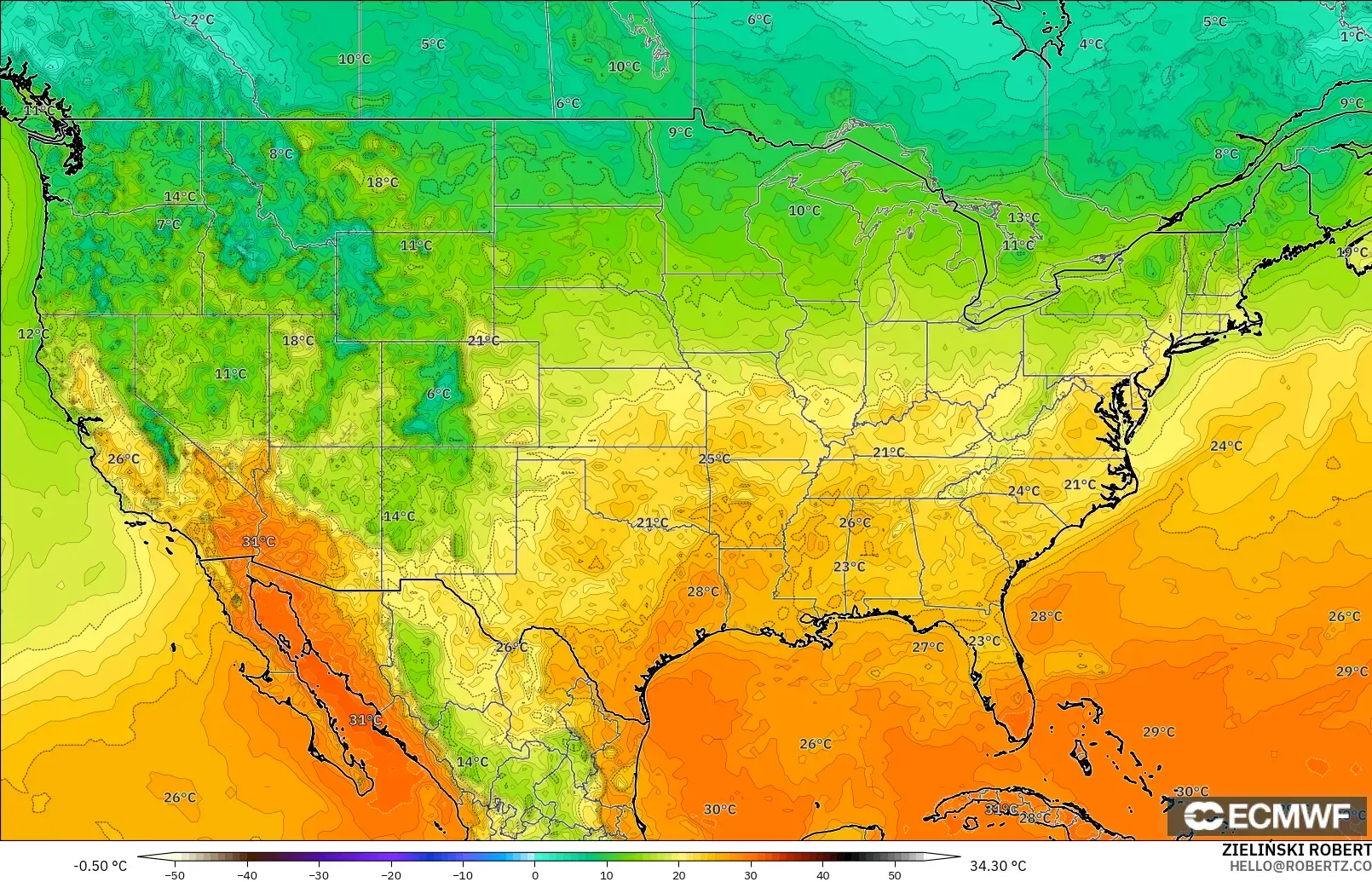 ECMWF IFS 0.25° model - United States, Temperature at 2m