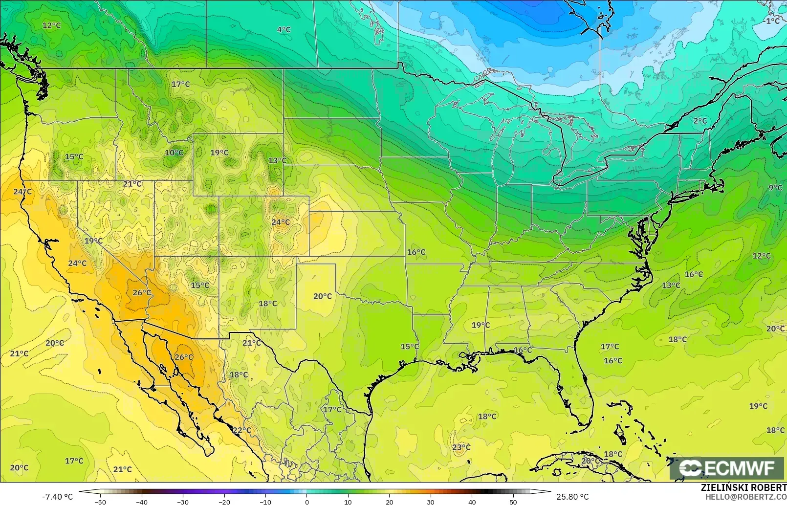 ECMWF IFS 0.25° model - United States, Temperature at 850hPa