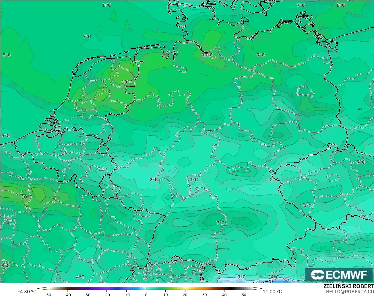 ECMWF IFS 0.25° model - Germany, Dewpoint at 2m