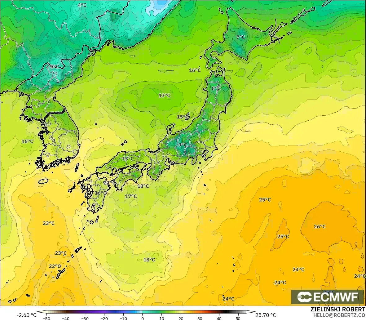 ECMWF IFS 0.25° model - Japan, Dewpoint at 2m