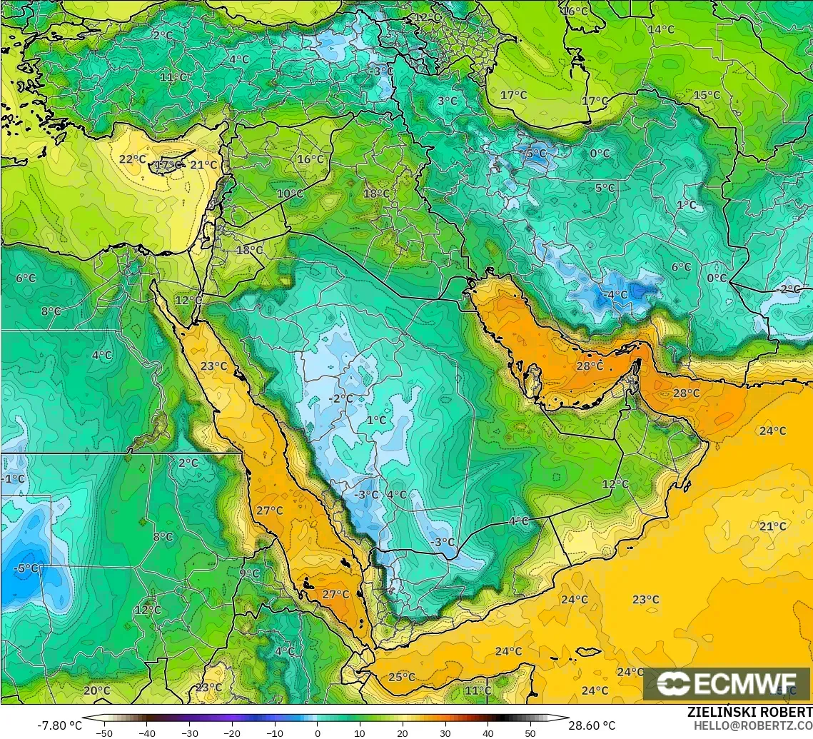 ECMWF IFS 0.25° model - Middle East, Dewpoint at 2m