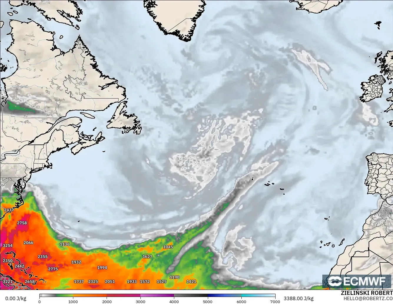 ECMWF IFS 0.25° model - North Atlantic, CAPE