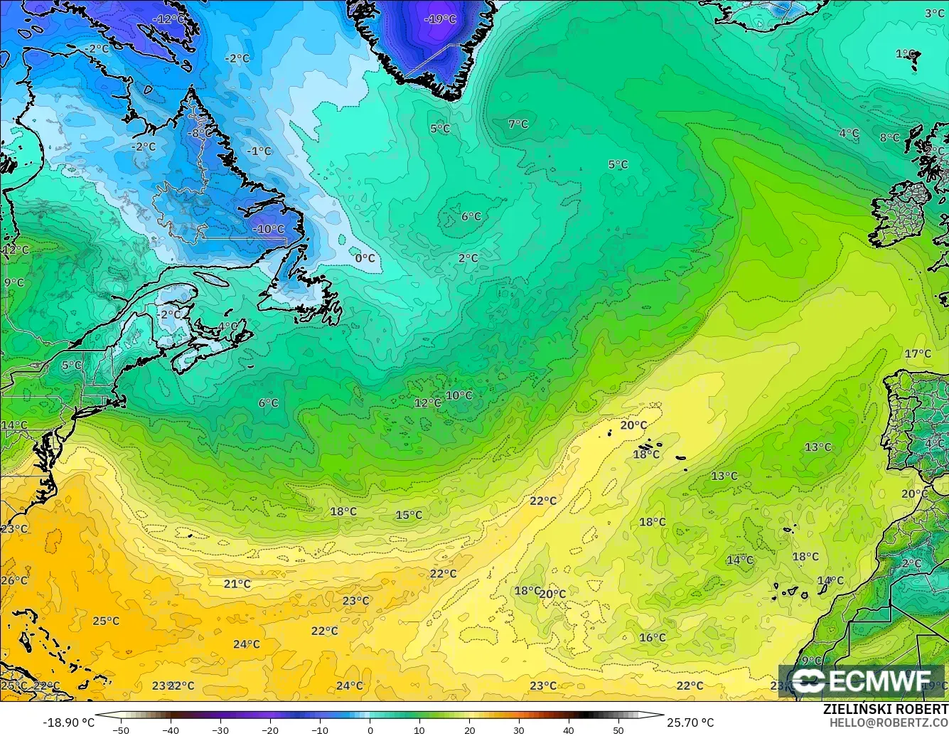 ECMWF IFS 0.25° model - North Atlantic, Dewpoint at 2m