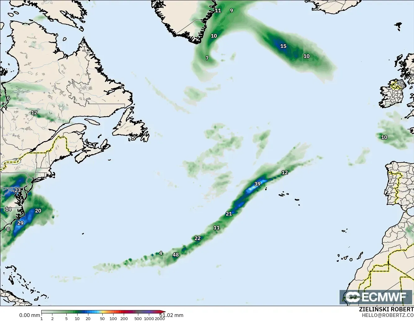 ECMWF IFS 0.25° model - North Atlantic, Precipitation Accumulation