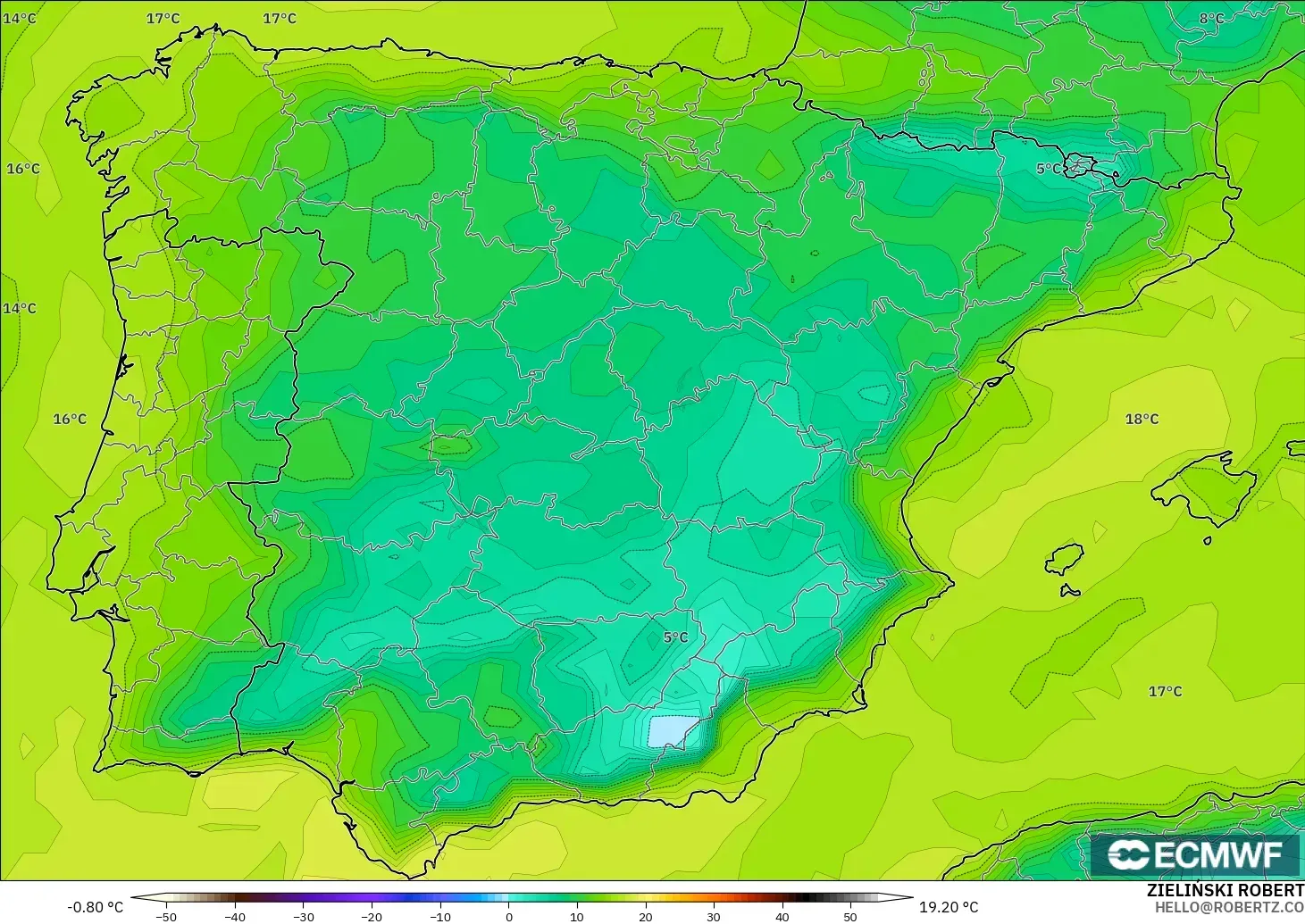 ECMWF IFS 0.25° model - Spain, Dewpoint at 2m