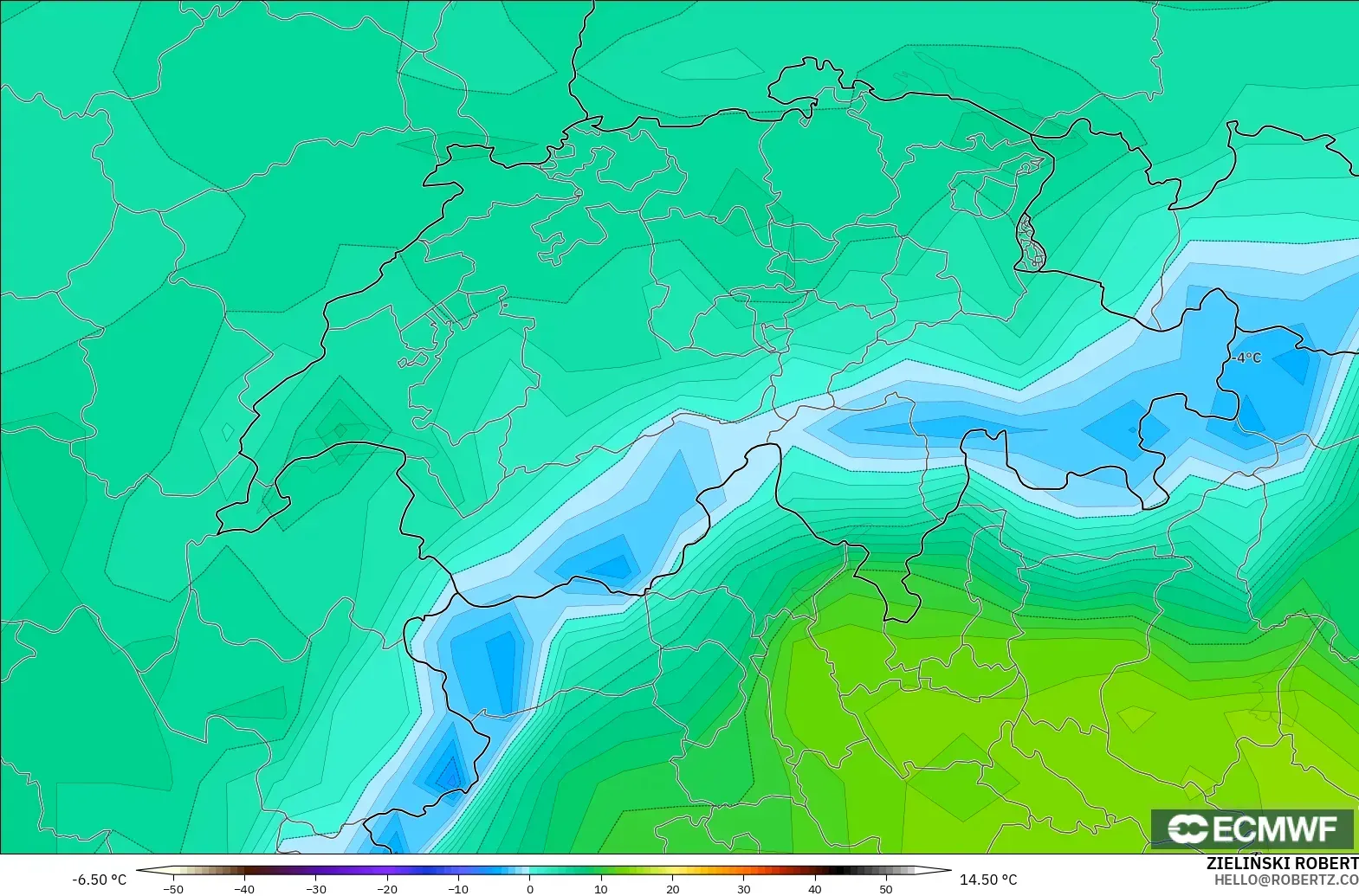 ECMWF IFS 0.25° model - Switzerland, Dewpoint at 2m