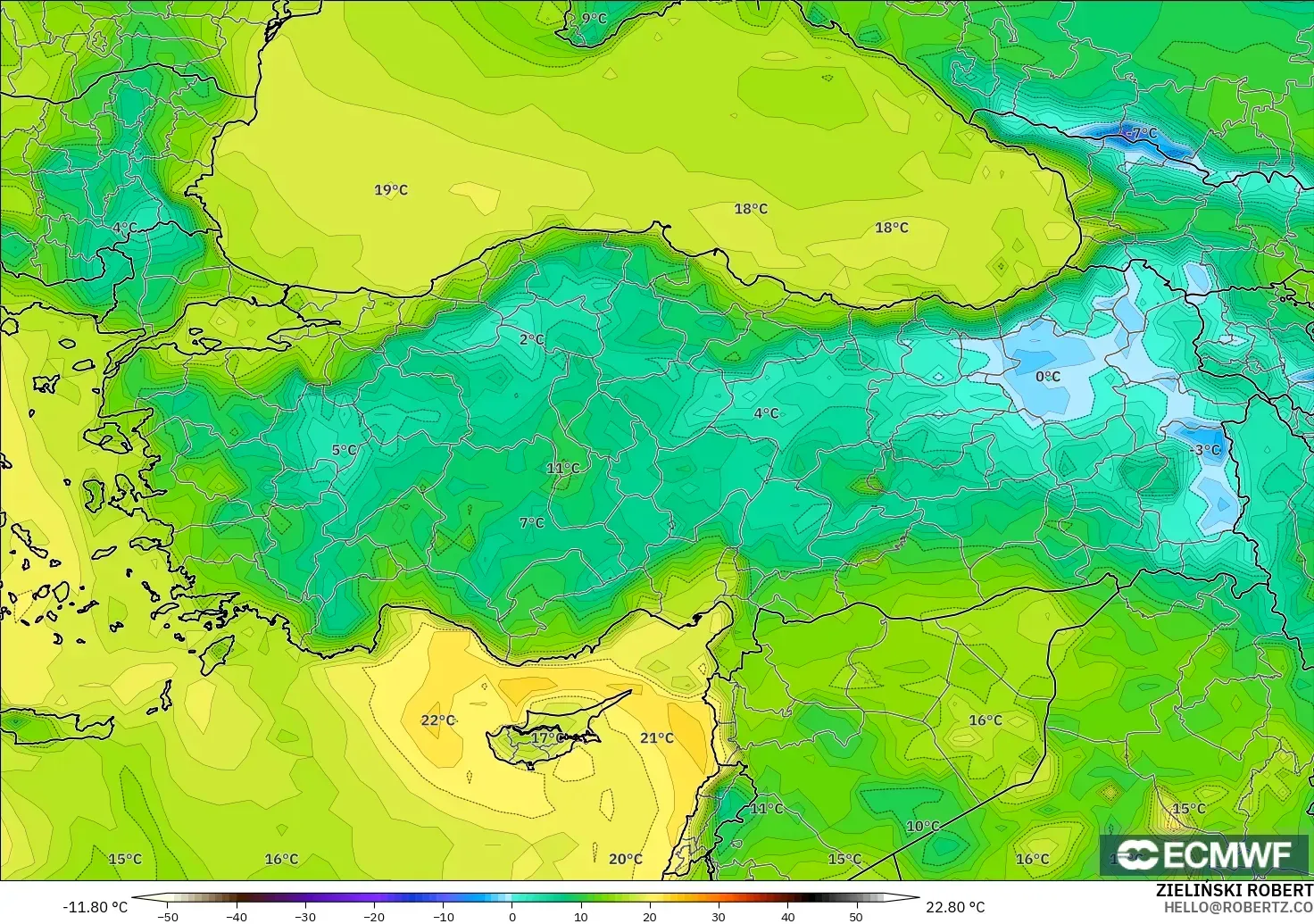 ECMWF IFS 0.25° model - Turkey, Dewpoint at 2m