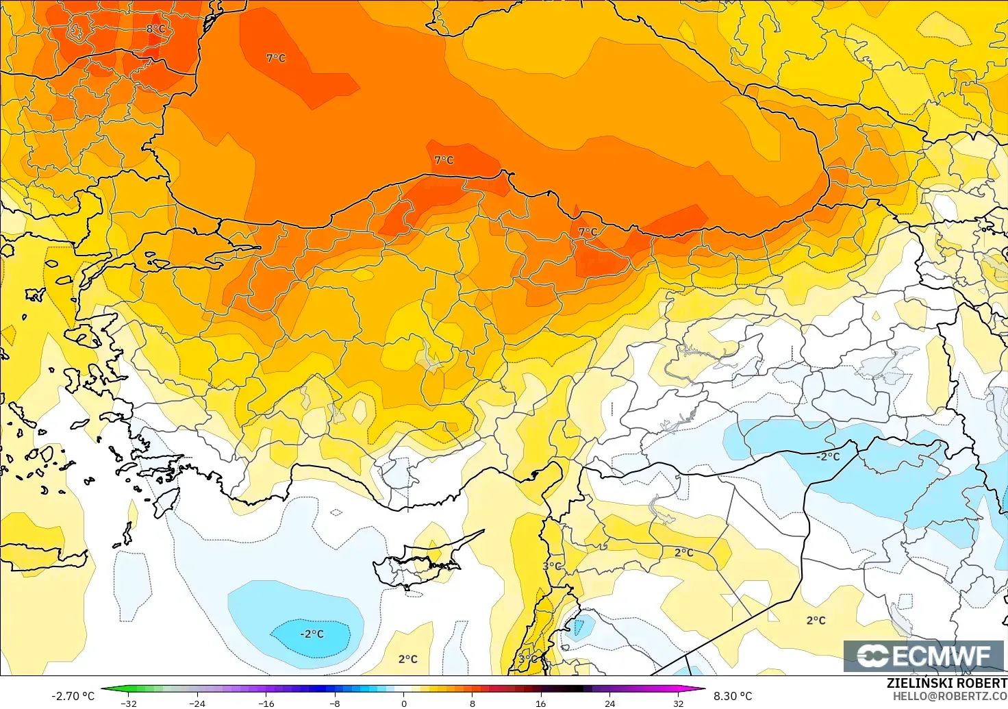 ECMWF IFS 0.25° model - Turkey, Temperature at 850hPa Anomaly
