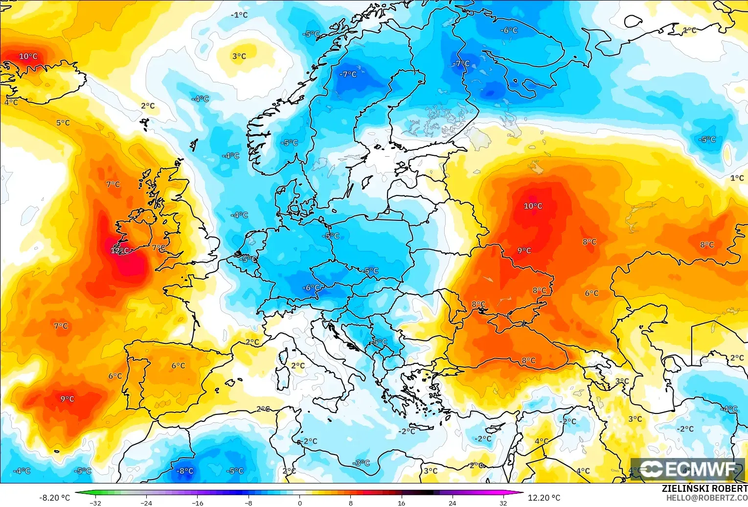 ECMWF IFS 0.25° model - Europe, Temperature at 850hPa Anomaly