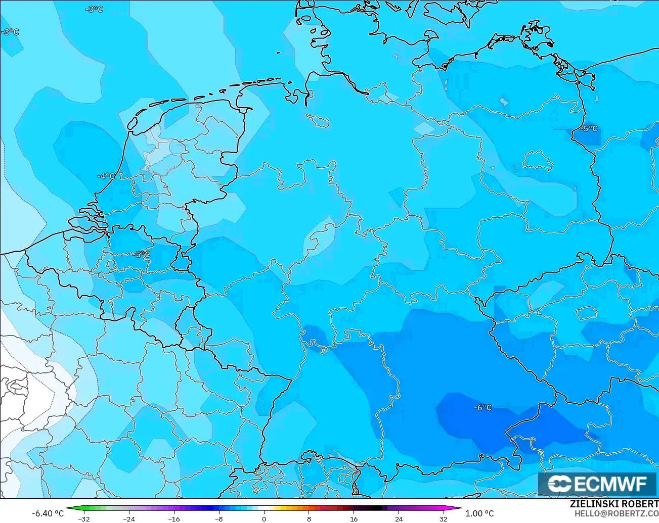 ECMWF IFS 0.25° model - Germany, Temperature at 850hPa Anomaly