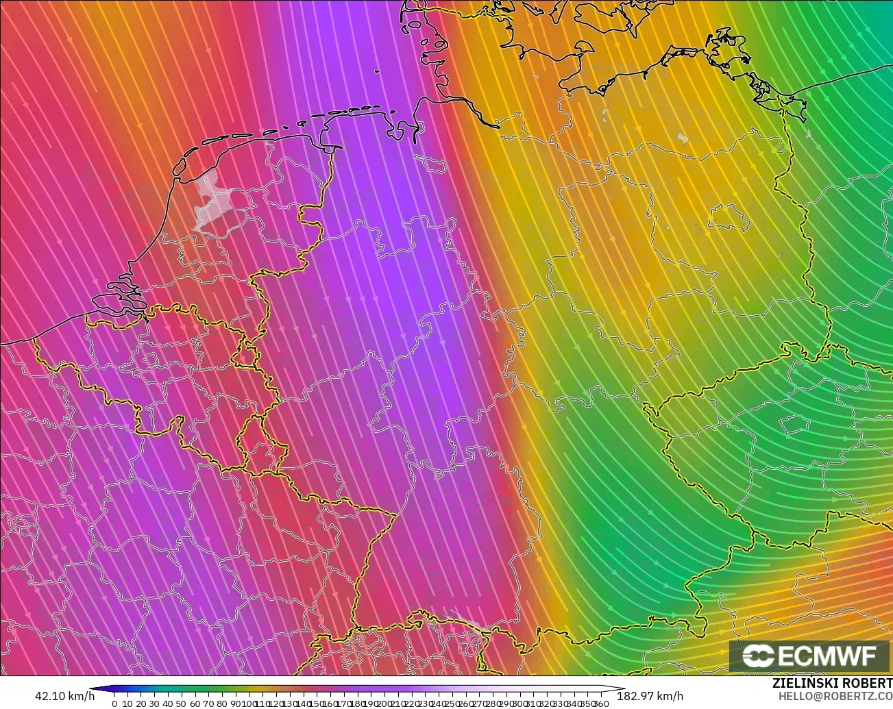 ECMWF IFS 0.25° model - Germany, Wind at 300hPa (jet stream)
