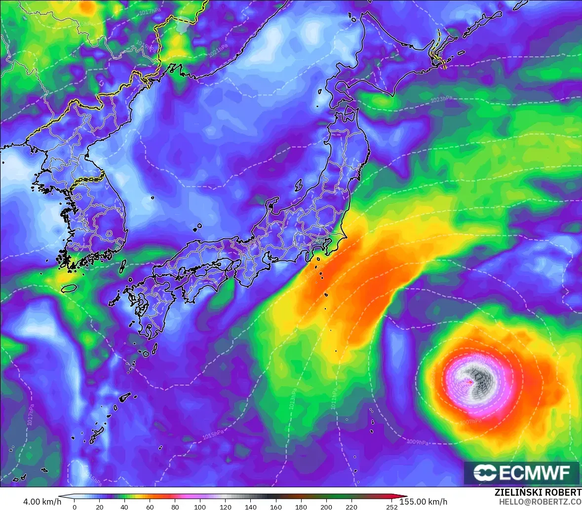 ECMWF IFS 0.25° model - Japan, Wind Gusts