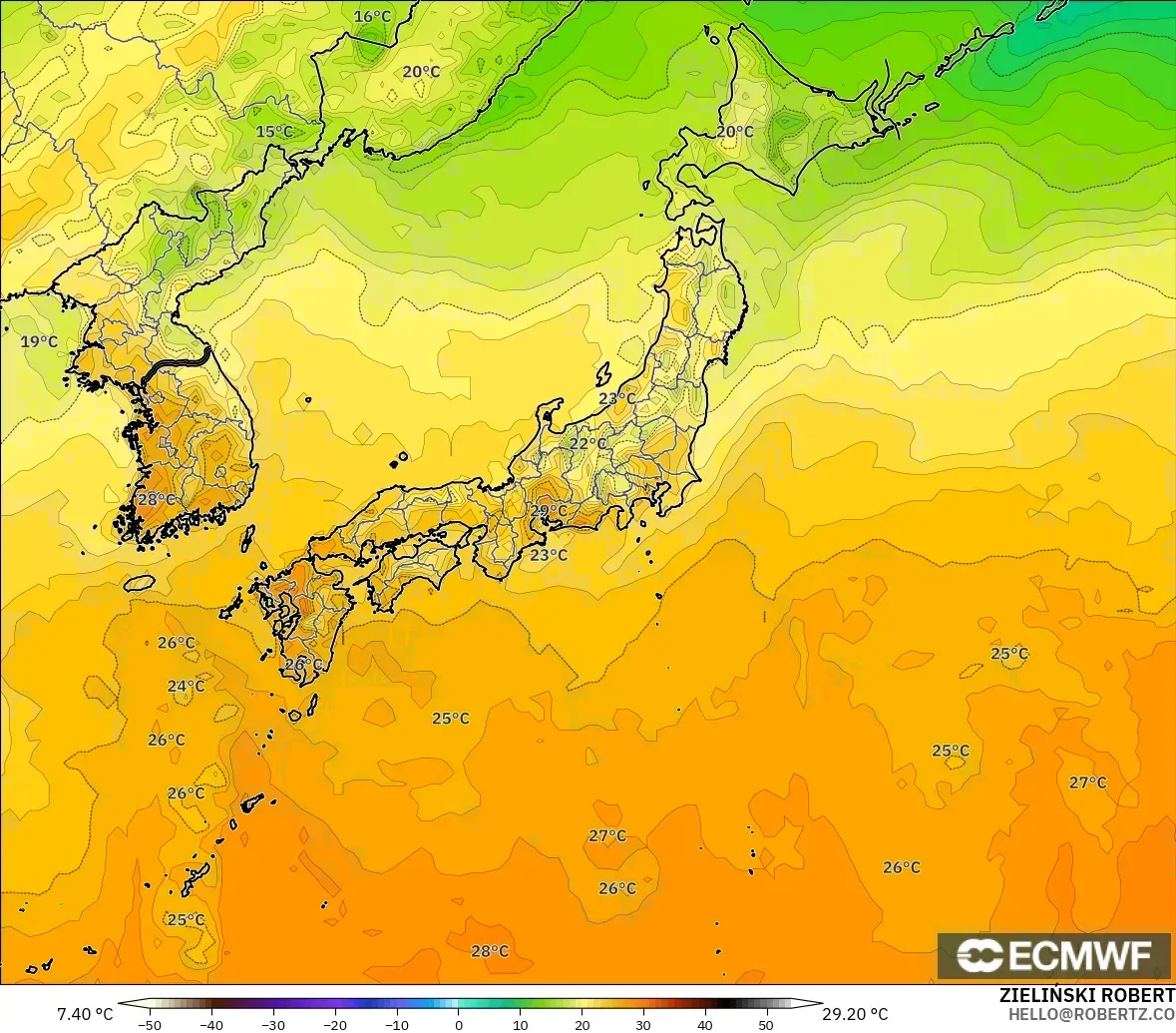 ECMWF IFS 0.25° model - Japan, Temperature at 2m