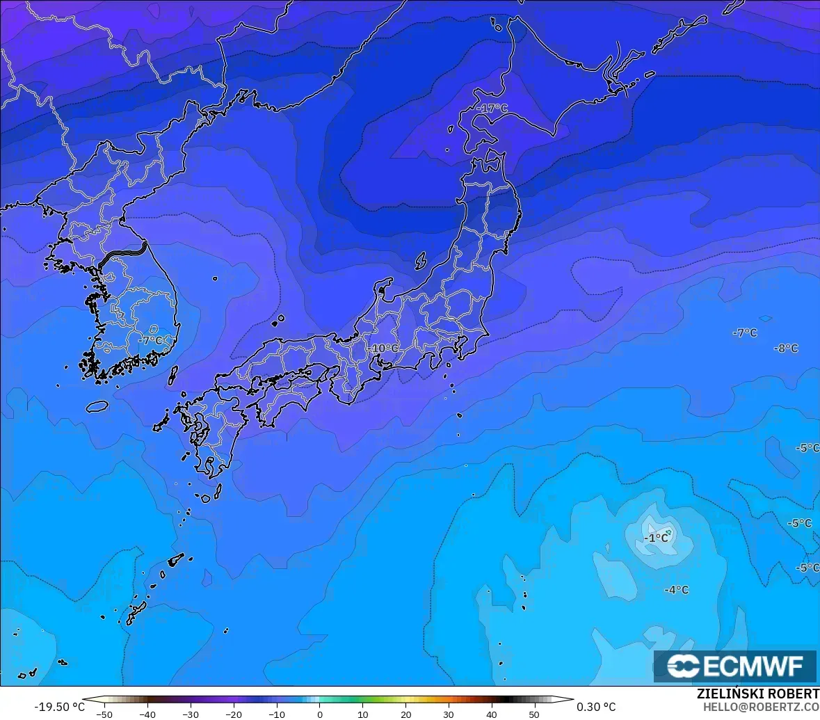ECMWF IFS 0.25° model - Japan, Temperature at 500hPa