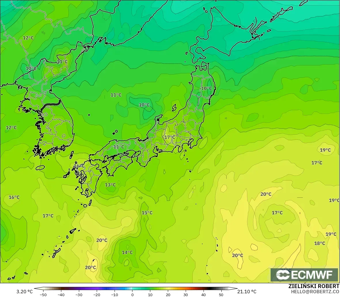 ECMWF IFS 0.25° model - Japan, Temperature at 850hPa