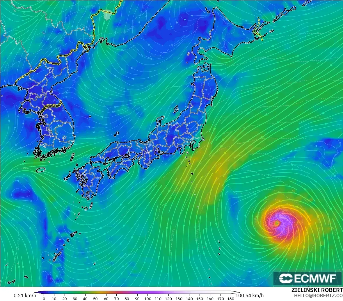 ECMWF IFS 0.25° model - Japan, Wind at 10m