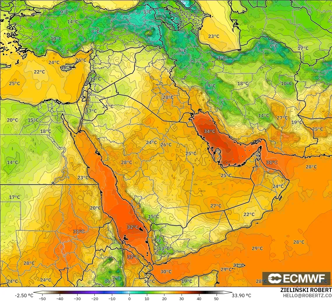 ECMWF IFS 0.25° model - Middle East, Temperature at 2m