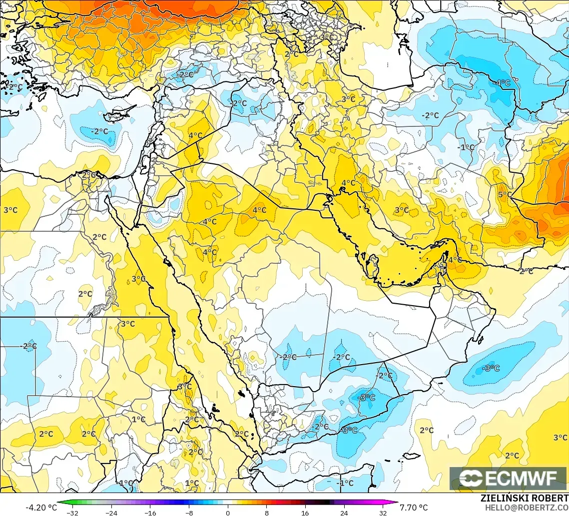 ECMWF IFS 0.25° model - Middle East, Temperature at 850hPa Anomaly