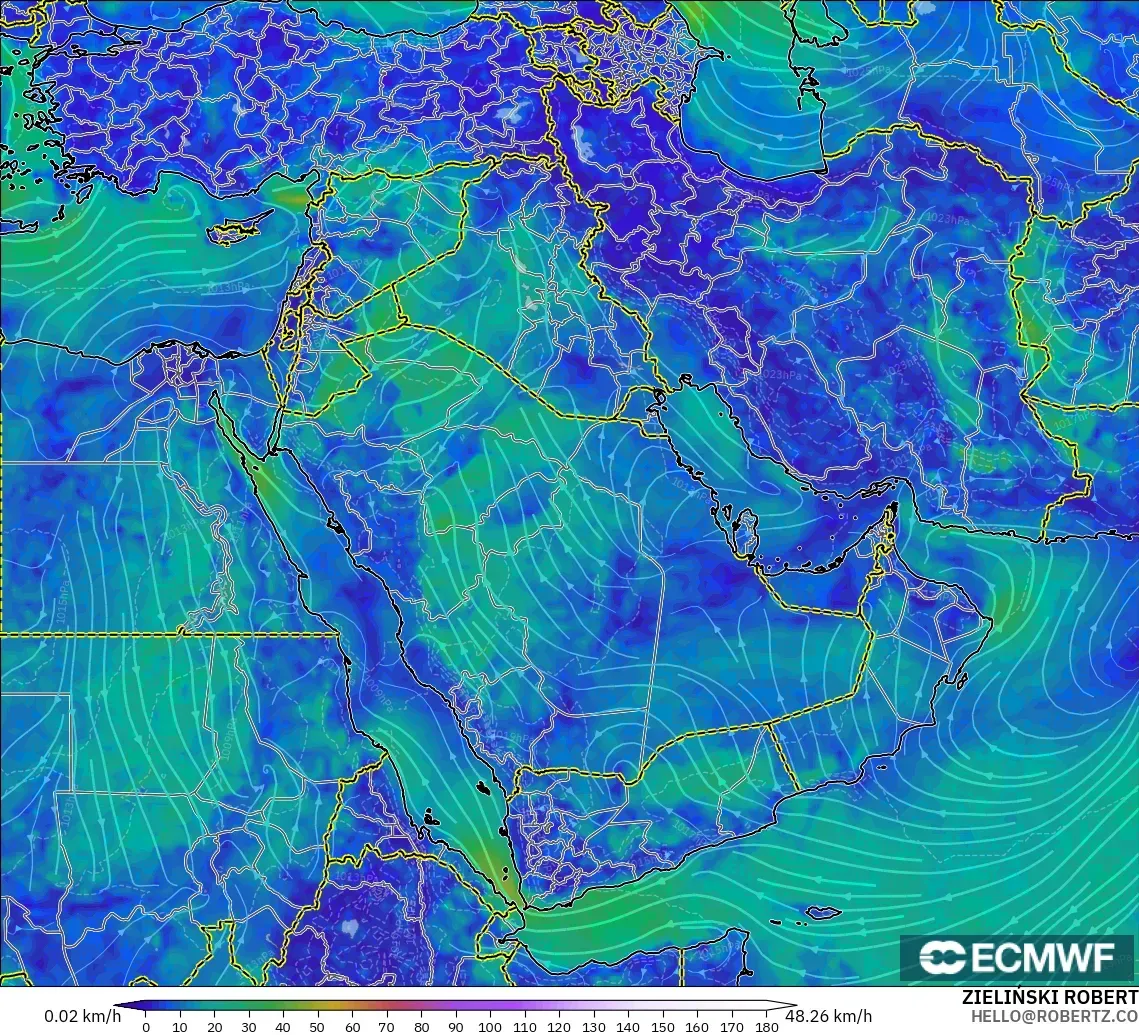ECMWF IFS 0.25° model - Middle East, Wind at 10m