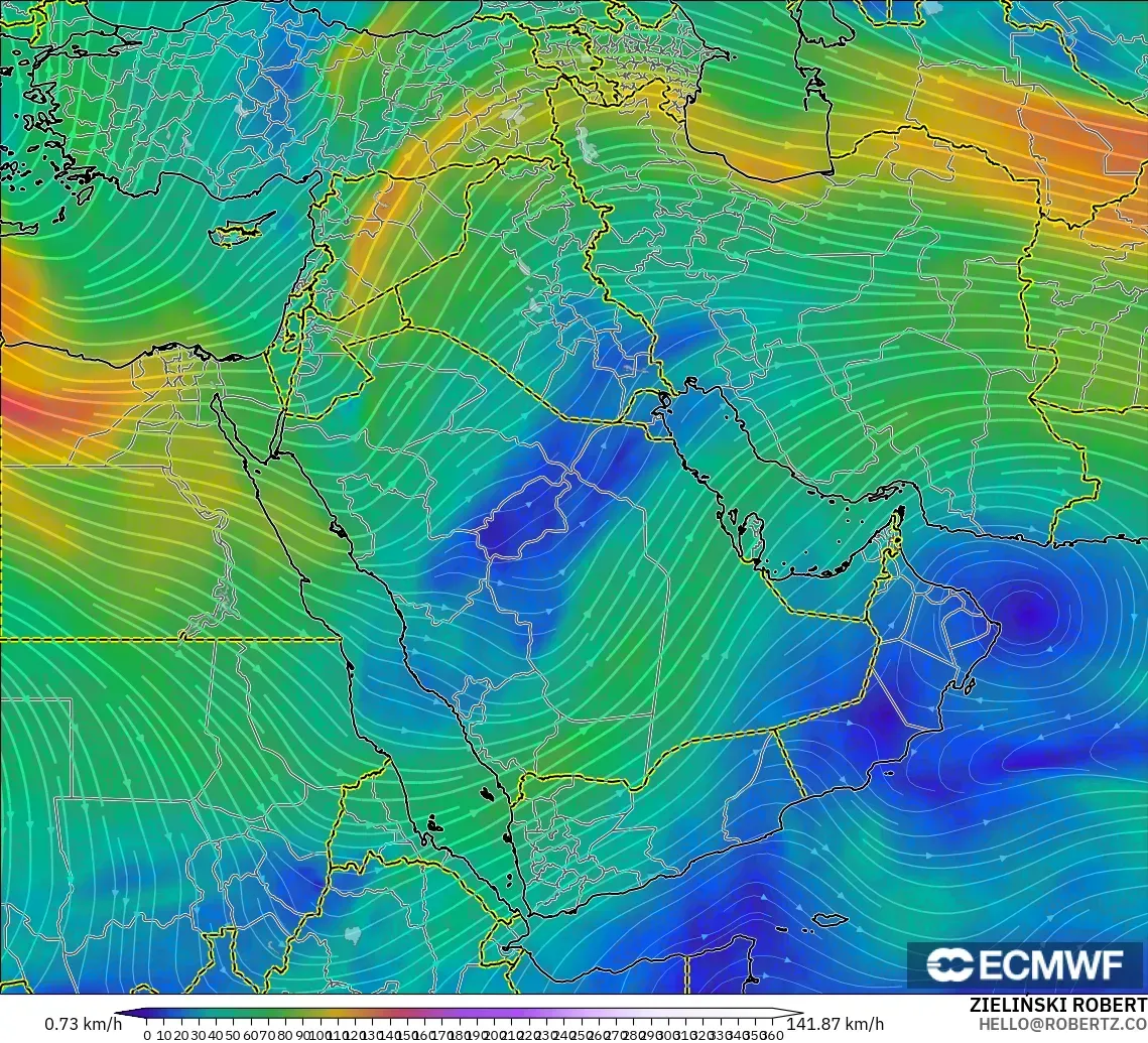 ECMWF IFS 0.25° model - Middle East, Wind at 300hPa (jet stream)
