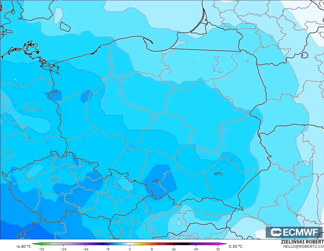 ECMWF IFS 0.25° model - Poland, Temperature at 850hPa Anomaly