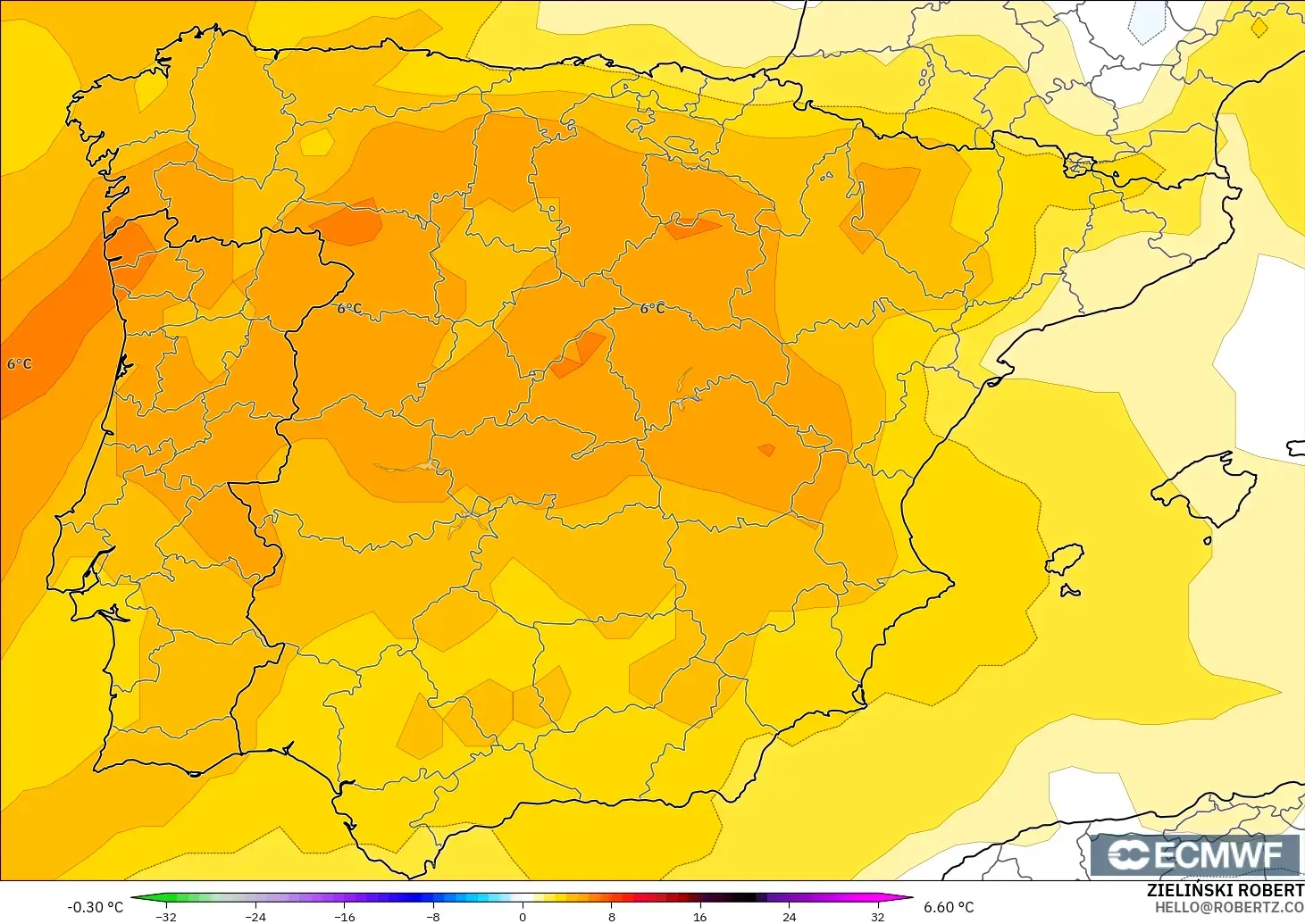 ECMWF IFS 0.25° model - Spain, Temperature at 850hPa Anomaly