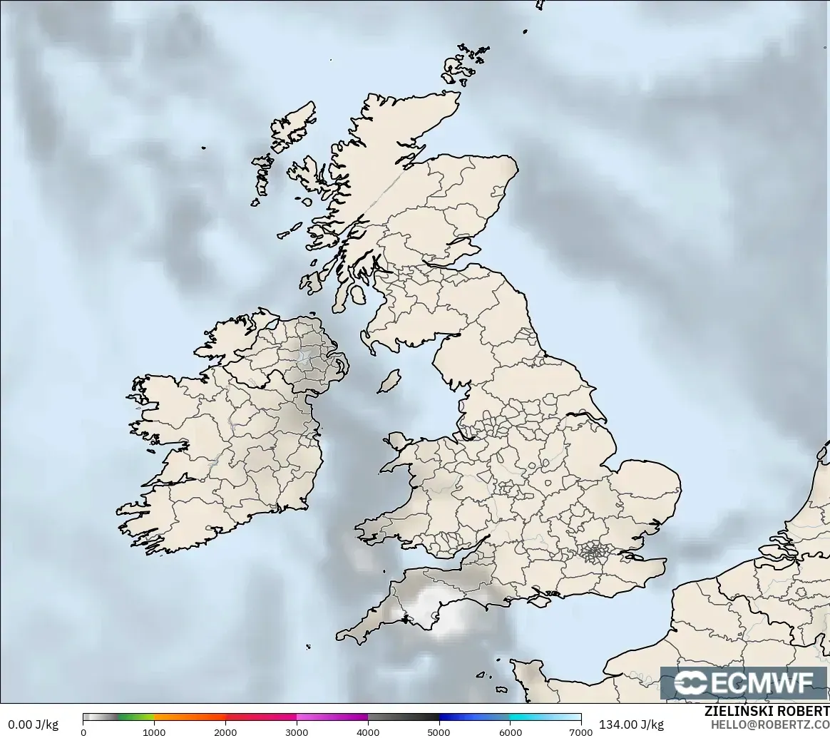 ECMWF IFS 0.25° model - United Kingdom, CAPE