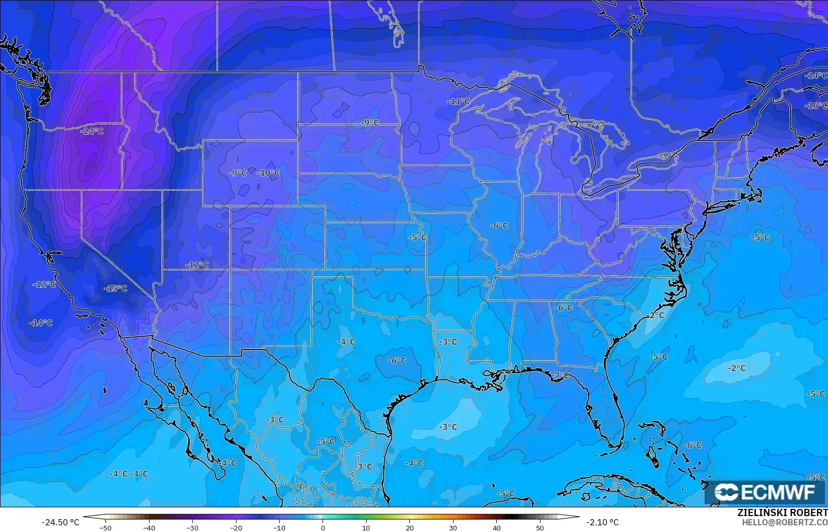 ECMWF IFS 0.25° model - United States, Temperature at 500hPa